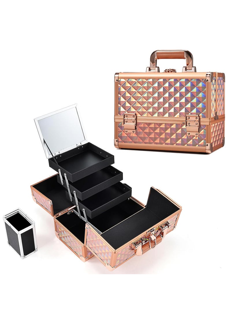 Joligrace - Joligrace Makeup Train Case Cosmetic Box 11.6 Inch Jewelry Organizer Professional 3 Tiers Trays with Mirror and Brush Holder Lockable Key Portable Travel - Rose Gold - Image 1