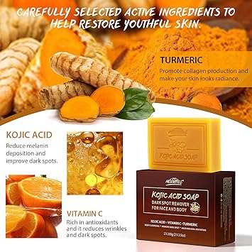 POP MODERN.C Kojic Acid Soap for Face and Body Moisturizing Turmeric Soap for Acne Dark Spots Blackheads 2x100g 1pc Mesh Pouch and 1pc Wooden Holder - Image 3