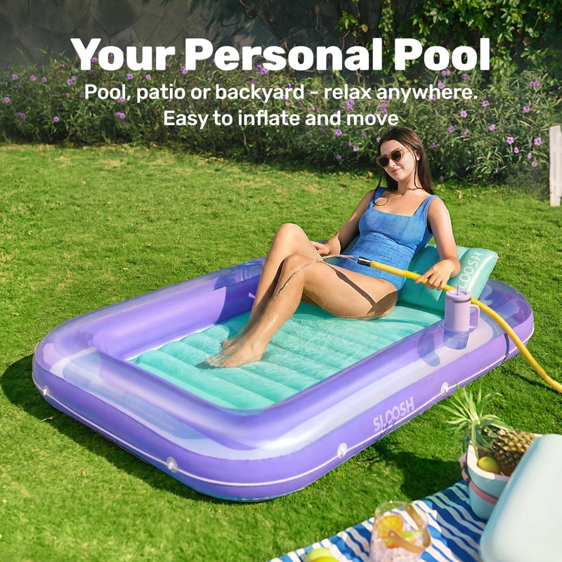 SLOOSH Inflatable Tanning Pool Lounger Float, 70" x 46" Pool Floats Adult with Pillow, 4 in 1 Suntan Tub Raft Floatie,Sunbathing Bed Lounge for Water Blow Up Ball Pit Party Gifts, L-Purple Green - Image 3