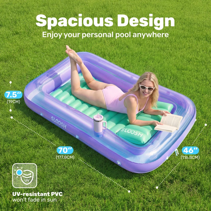 SLOOSH Inflatable Tanning Pool Lounger Float, 70" x 46" Pool Floats Adult with Pillow, 4 in 1 Suntan Tub Raft Floatie,Sunbathing Bed Lounge for Water Blow Up Ball Pit Party Gifts, L-Purple Green - Image 2
