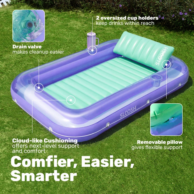 SLOOSH Inflatable Tanning Pool Lounger Float, 70" x 46" Pool Floats Adult with Pillow, 4 in 1 Suntan Tub Raft Floatie,Sunbathing Bed Lounge for Water Blow Up Ball Pit Party Gifts, L-Purple Green - Image 4