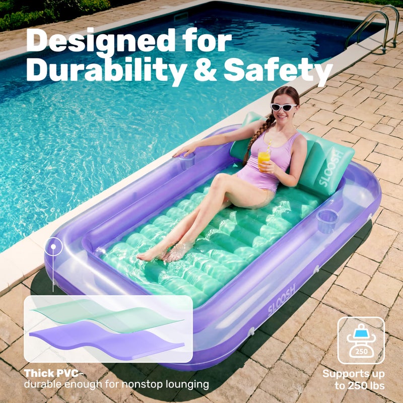 SLOOSH Inflatable Tanning Pool Lounger Float, 70" x 46" Pool Floats Adult with Pillow, 4 in 1 Suntan Tub Raft Floatie,Sunbathing Bed Lounge for Water Blow Up Ball Pit Party Gifts, L-Purple Green - Image 5