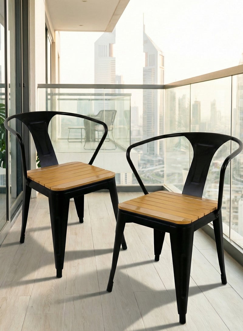 صن رايز كرسيان طعام خارجيان قابلان للتكديس (طقم 2)، شرائح WPC خشب بلاستيكي بمظهر خشبي، إطار معدني مقاوم للصدأ، مناسب للبلكونة والفناء والحديقة، أسود - Image 1