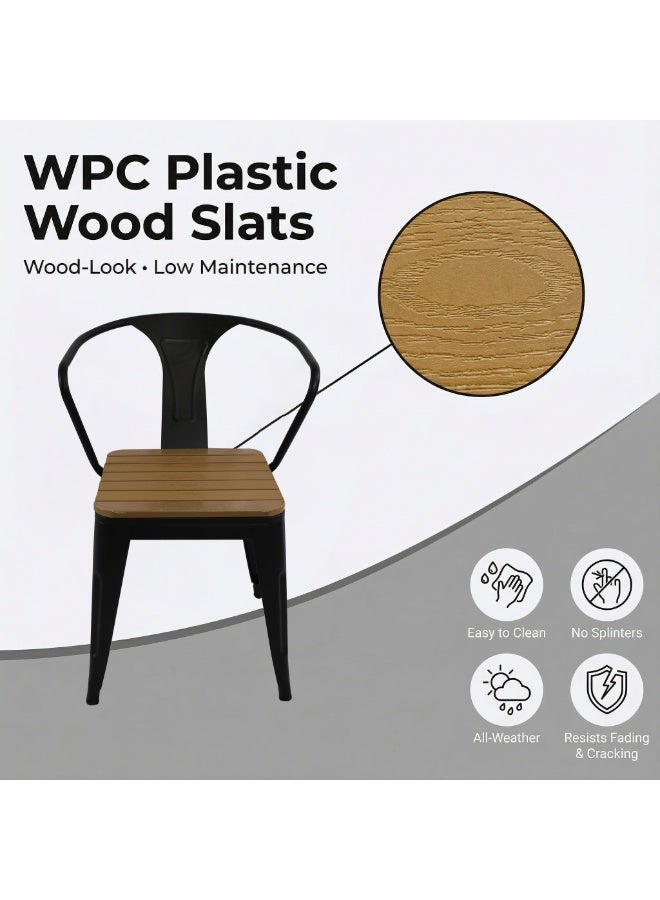 صن رايز كرسيان طعام خارجيان قابلان للتكديس (طقم 2)، شرائح WPC خشب بلاستيكي بمظهر خشبي، إطار معدني مقاوم للصدأ، مناسب للبلكونة والفناء والحديقة، أسود - Image 3