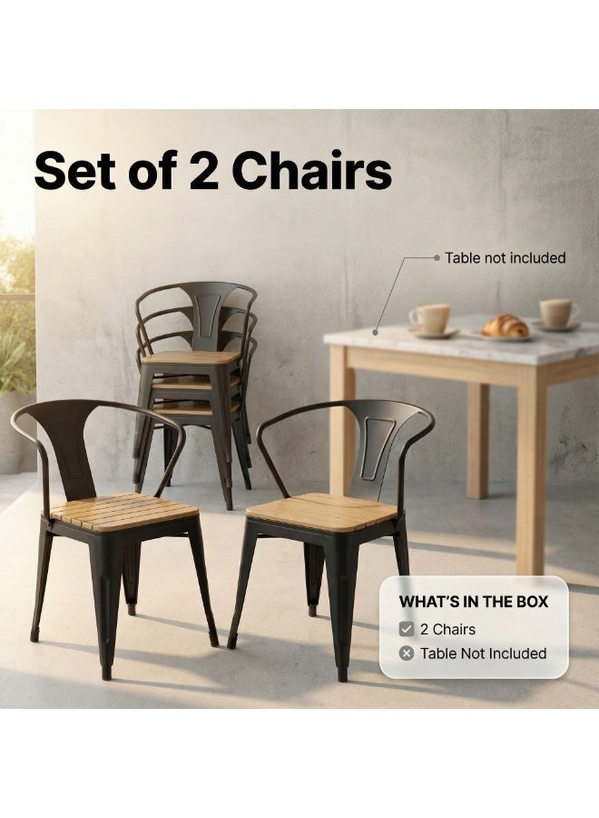 صن رايز كرسيان طعام خارجيان قابلان للتكديس (طقم 2)، شرائح WPC خشب بلاستيكي بمظهر خشبي، إطار معدني مقاوم للصدأ، مناسب للبلكونة والفناء والحديقة، أسود - Image 2