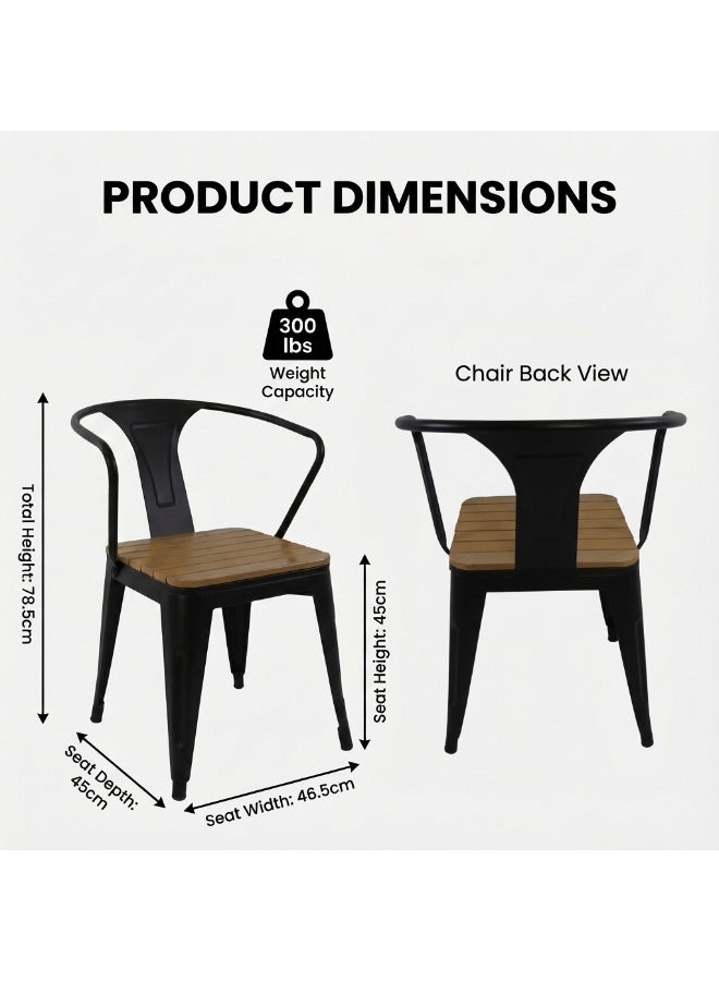 صن رايز كرسيان طعام خارجيان قابلان للتكديس (طقم 2)، شرائح WPC خشب بلاستيكي بمظهر خشبي، إطار معدني مقاوم للصدأ، مناسب للبلكونة والفناء والحديقة، أسود - Image 4