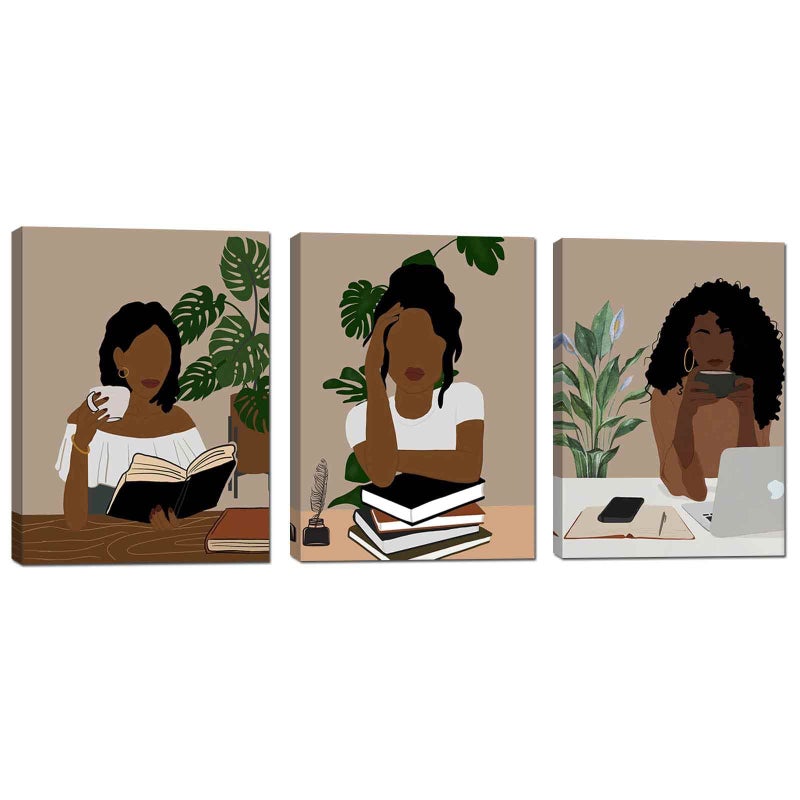 Mokihidream Black Woman Art Set Book Lover  Boho Wall Art African American Female Portrait Reading Woman Prints Set of 3 Framed Black Art