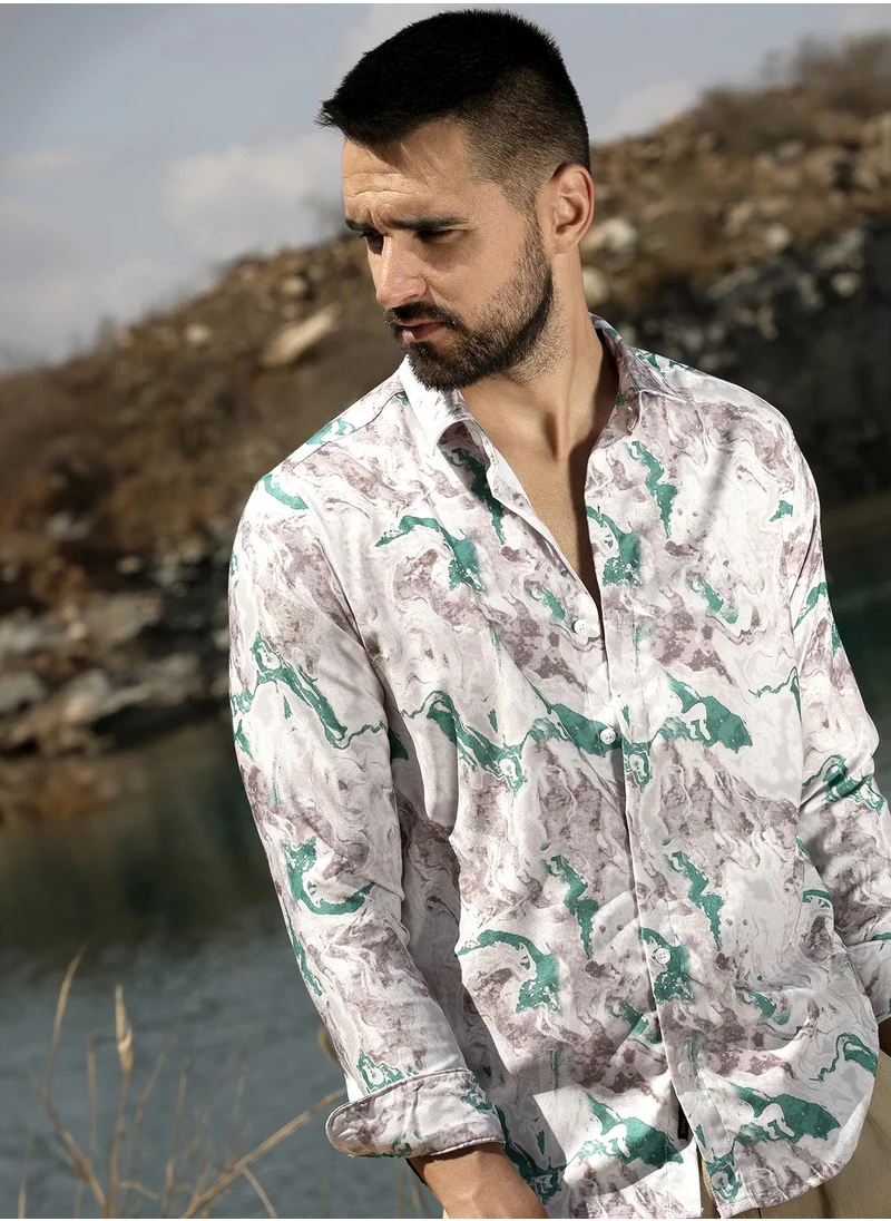Campus Sutra Men's Moon Grey & Sea Green Fluid Marble Shirt