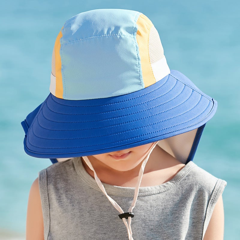 Childrens Sunscreen Hat Big Brim UV Protection Summer Boys and Girls Dome Beach Hat Sun Hat dark blue color matching