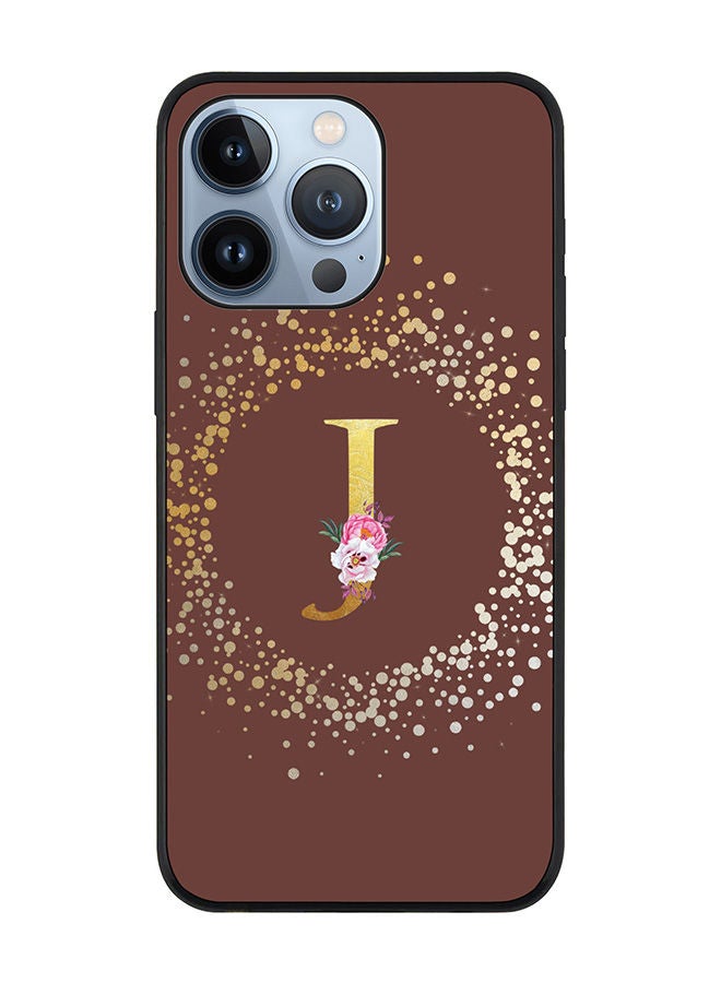 Stylizedd Rugged Black edge case for Apple iPhone 13 Pro Slim fit Soft Case Flexible Rubber Edges TPU Gel Thin Cover - Custom Monogram Initial Letter Floral Pattern Alphabet - J (Brown) - Image 1