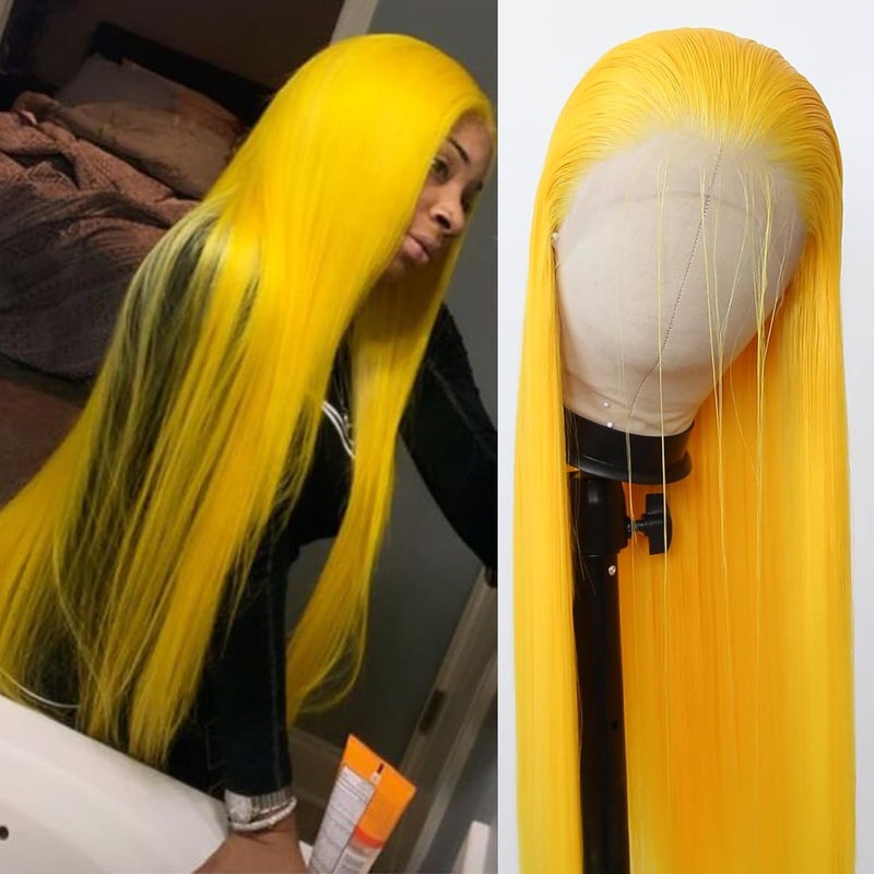 BTWTRY Yellow Synthetic Lace Front Wig Long Straight Lace Front Synthetic Wig Pre Plucked Natural Hairline Glueless Heat Resistant Fiber Hair Wig for Fashion Women Yellow