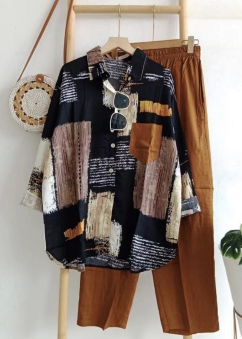 بدلة عصرية ذات طباعة ياقة ربيعية وصيفية مع أكمام قصيرة، مجموعة من قطعتين، تجارة خارجية بالجملة، جيل عبر الحدود، قهوة - Image 1