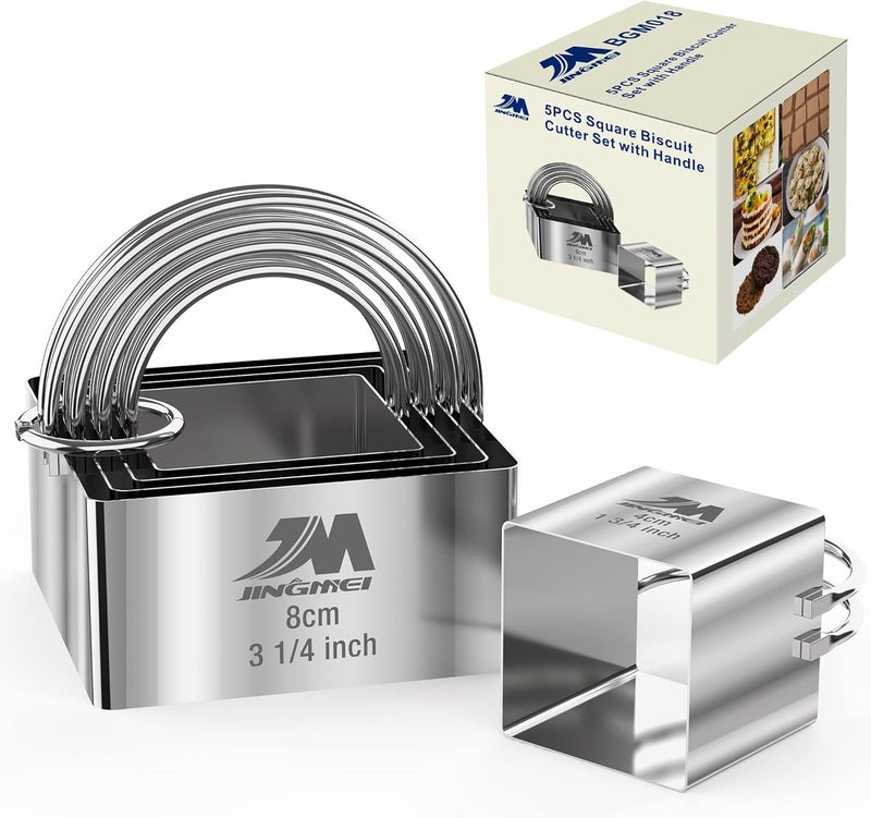 M JINGMEI Square Biscuit Cutter Set 1.75inch 2inch 2.25inch 2.75inch 3.25inch, Stainless Steel Cookies Cutter with Handle, Professional Baking Dough Tools,5pcs set GIFT PACKAGE - Image 1