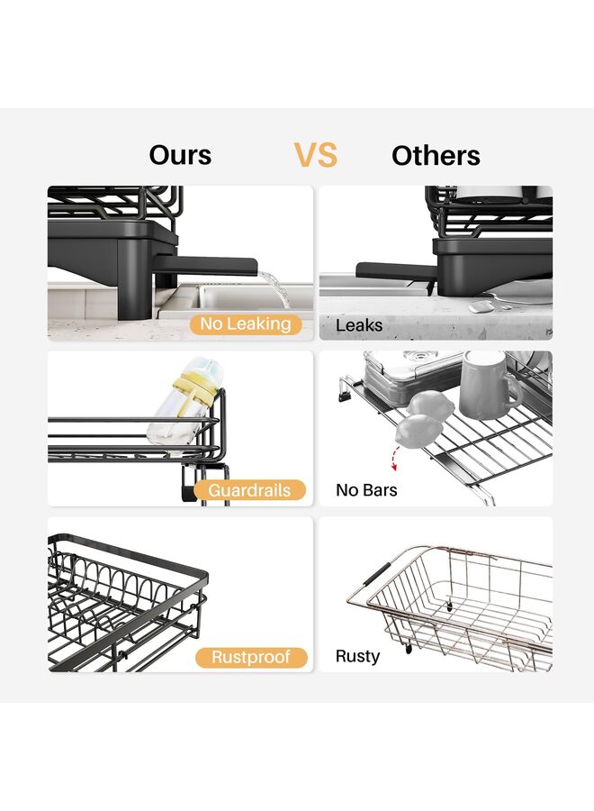 Dish Drying Rack - Extendable Dish Rack, Large Sink Drying Dish Drainer for Kitchen Counter, Stainless Steel Dish Strainer with Utensil Holder (Black) - Image 3