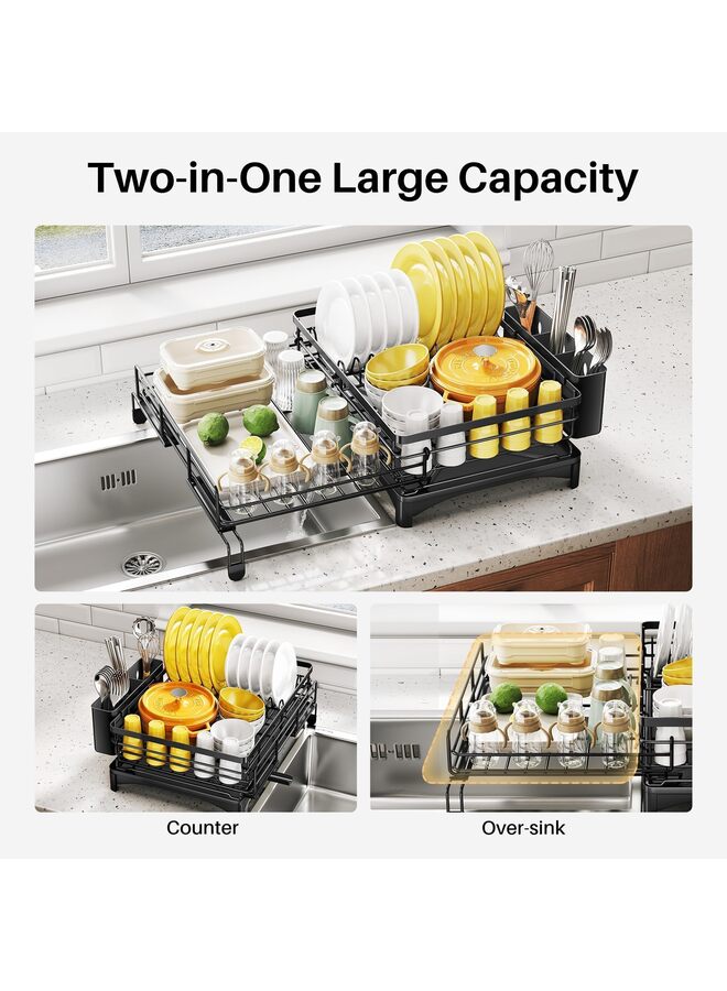 Dish Drying Rack - Extendable Dish Rack, Large Sink Drying Dish Drainer for Kitchen Counter, Stainless Steel Dish Strainer with Utensil Holder (Black) - Image 2