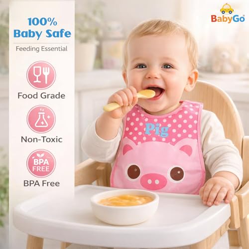 BabyGo Waterproof Baby Bibs | Fast-Dry Spill-Resistant Cotton Apron Bibs for 6–12 Months, Gentle & Reusable Feeding Bibs for Boys & Girls, Easy-to-Wash Mealtime Bibs | Set of 4 (Multicolor) - Image 4