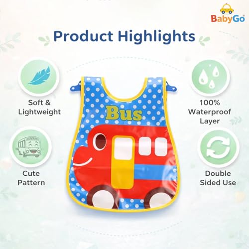 BabyGo Waterproof Baby Bibs | Fast-Dry Spill-Resistant Cotton Apron Bibs for 6–12 Months, Gentle & Reusable Feeding Bibs for Boys & Girls, Easy-to-Wash Mealtime Bibs | Set of 4 (Multicolor) - Image 3