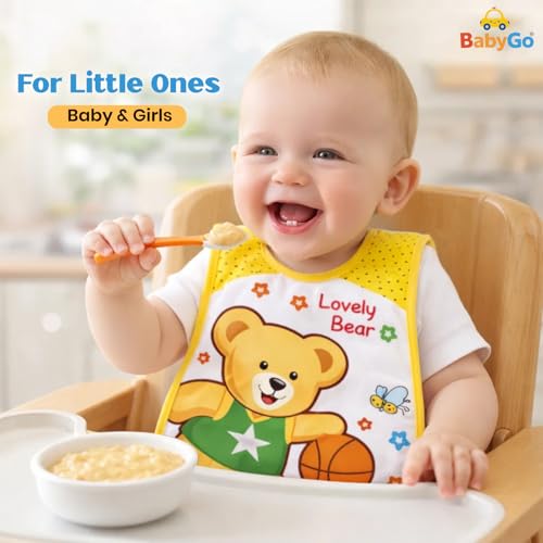BabyGo Waterproof Baby Bibs | Fast-Dry Spill-Resistant Cotton Apron Bibs for 6–12 Months, Gentle & Reusable Feeding Bibs for Boys & Girls, Easy-to-Wash Mealtime Bibs | Set of 4 (Multicolor) - Image 2