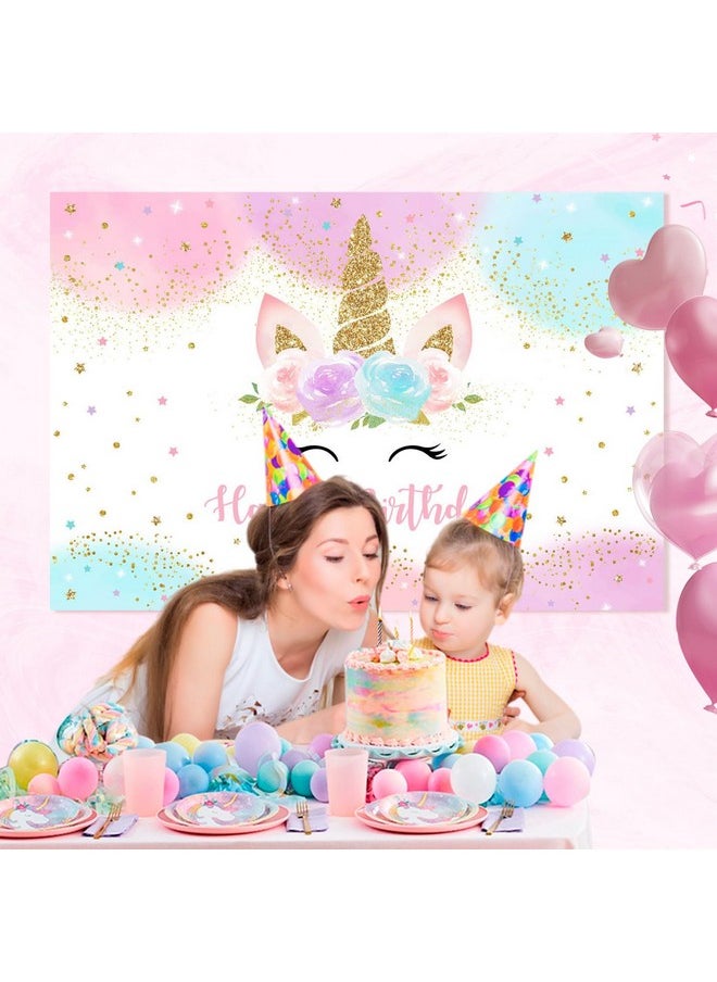 Mocsicka Unicorn Birthday Decorations Unicorn Backdrop For Girls Birthday Party 5X3Ft Pastel Rainbow Unicorn Glitter Stars Dots Happy Birthday Banner Photo Booth Props  - Image 4