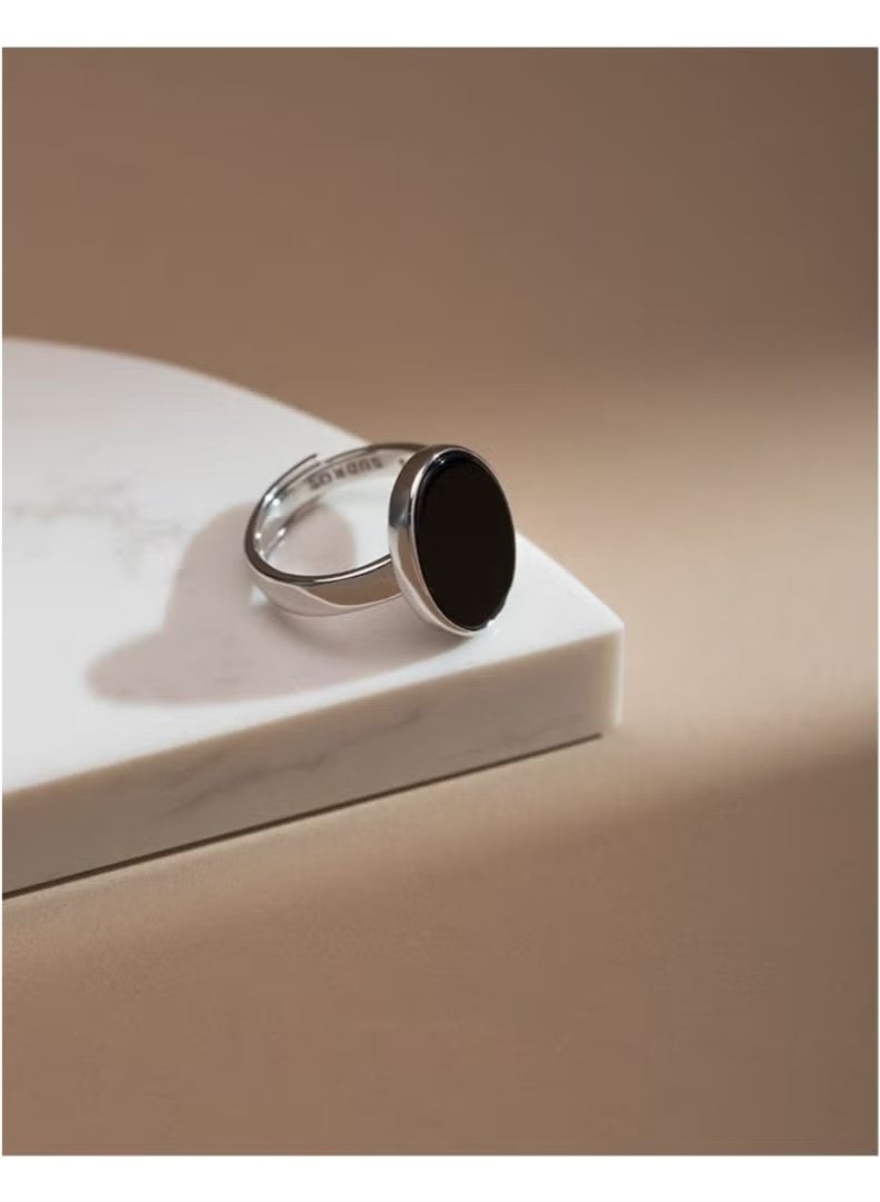 Korean Simple S925 Sterling Silver Inlaid with Black Agate Smooth High-end Fashion Niche Retro Personality - Image 3