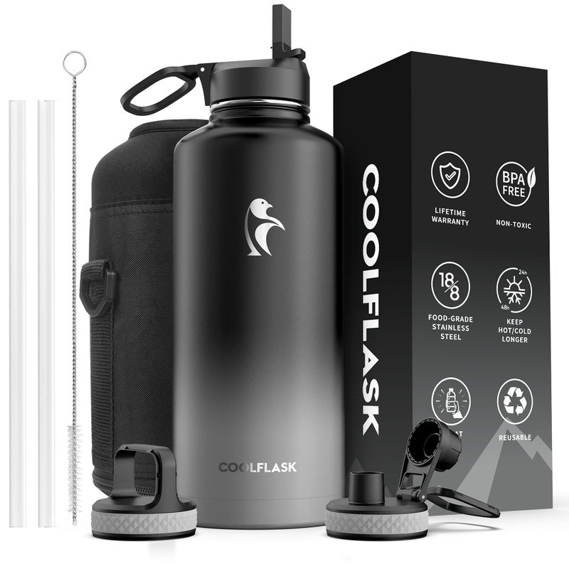 Coolflask Water Bottle 87 oz with Straw 23 Gallon Insulated Stainless Steel 3 Lids Large Water Jug Wide Mouth for Sports or Office NonBPA Keep Cold Up to 48 Hrs or Hot Up to 24 Hrs Piano Night