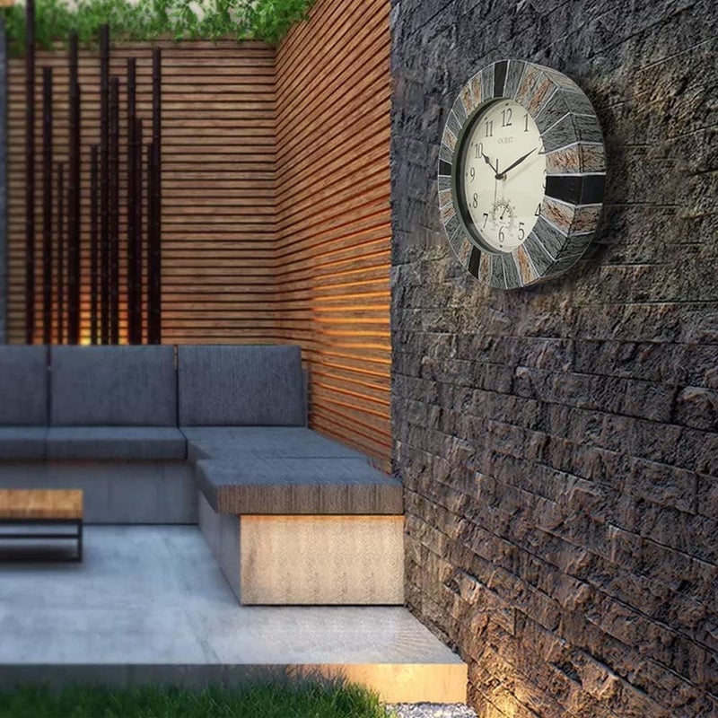OCEST 13 Inch Large Outdoor Indoor Clock, Waterproof Wall Clock with Thermometer, Weather-Resistant Non-Ticking Battery Operated Decor for Patio, Pool, Lanai, Fence, Porch, Garden（Brown） - Image 2