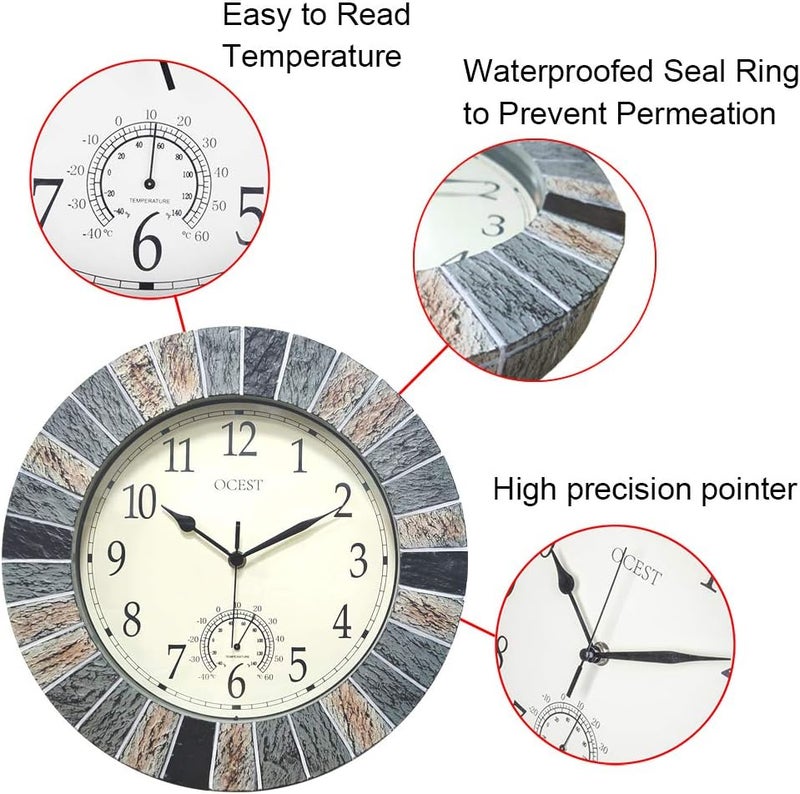 OCEST 13 Inch Large Outdoor Indoor Clock, Waterproof Wall Clock with Thermometer, Weather-Resistant Non-Ticking Battery Operated Decor for Patio, Pool, Lanai, Fence, Porch, Garden（Brown） - Image 4