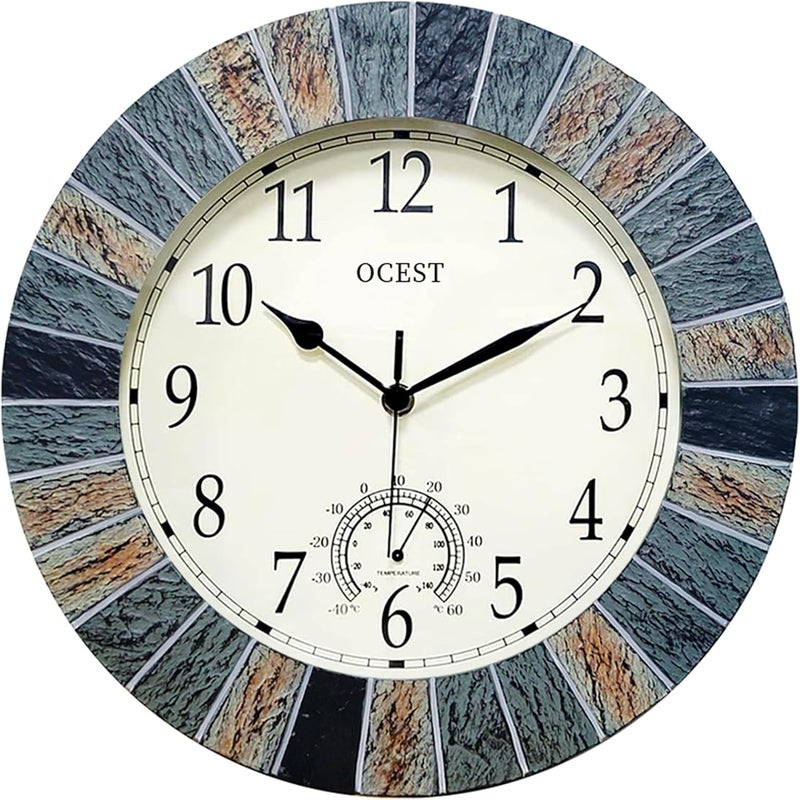 OCEST 13 Inch Large Outdoor Indoor Clock, Waterproof Wall Clock with Thermometer, Weather-Resistant Non-Ticking Battery Operated Decor for Patio, Pool, Lanai, Fence, Porch, Garden（Brown） - Image 1
