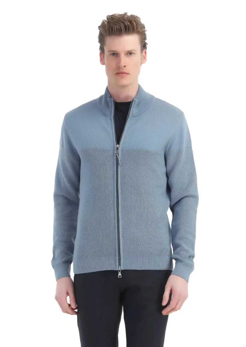 RAMSEY Blue Crew Neck Stitch Crochet Cotton Blended Cardigan