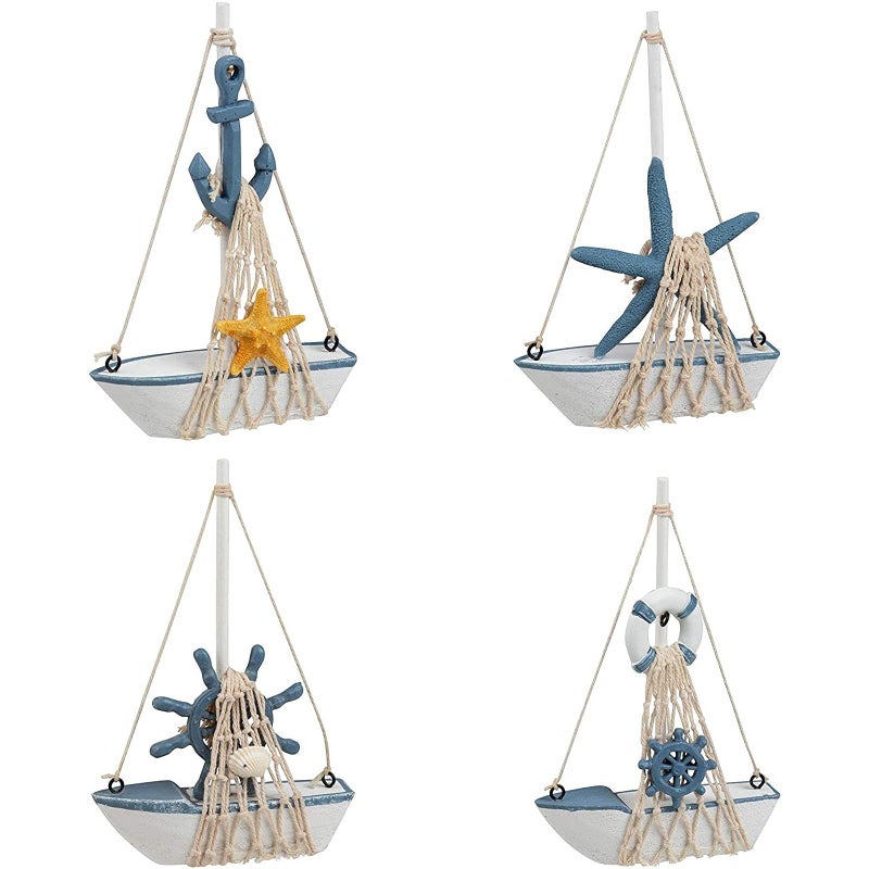 Juvale Juvale Set of 4 Mini Wooden Sailboat Models for Beach Nautical Home Decor Miniature Boat Decorations  Coastal Decor  - Image 1