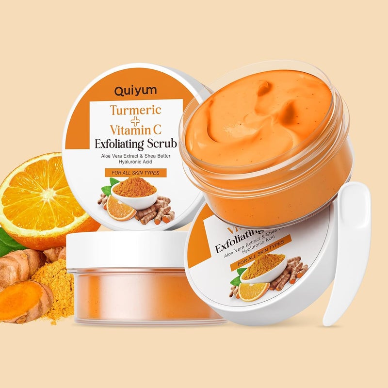 QUIYUM Turmeric Vitamin C Exfoliating Scrub Revitalizing Hydrating Body Scrub for Foot Butt Bikini Area Shea Butter Walnut Shell Powder for Dull Dry Rough Skin Skincare for Men Women