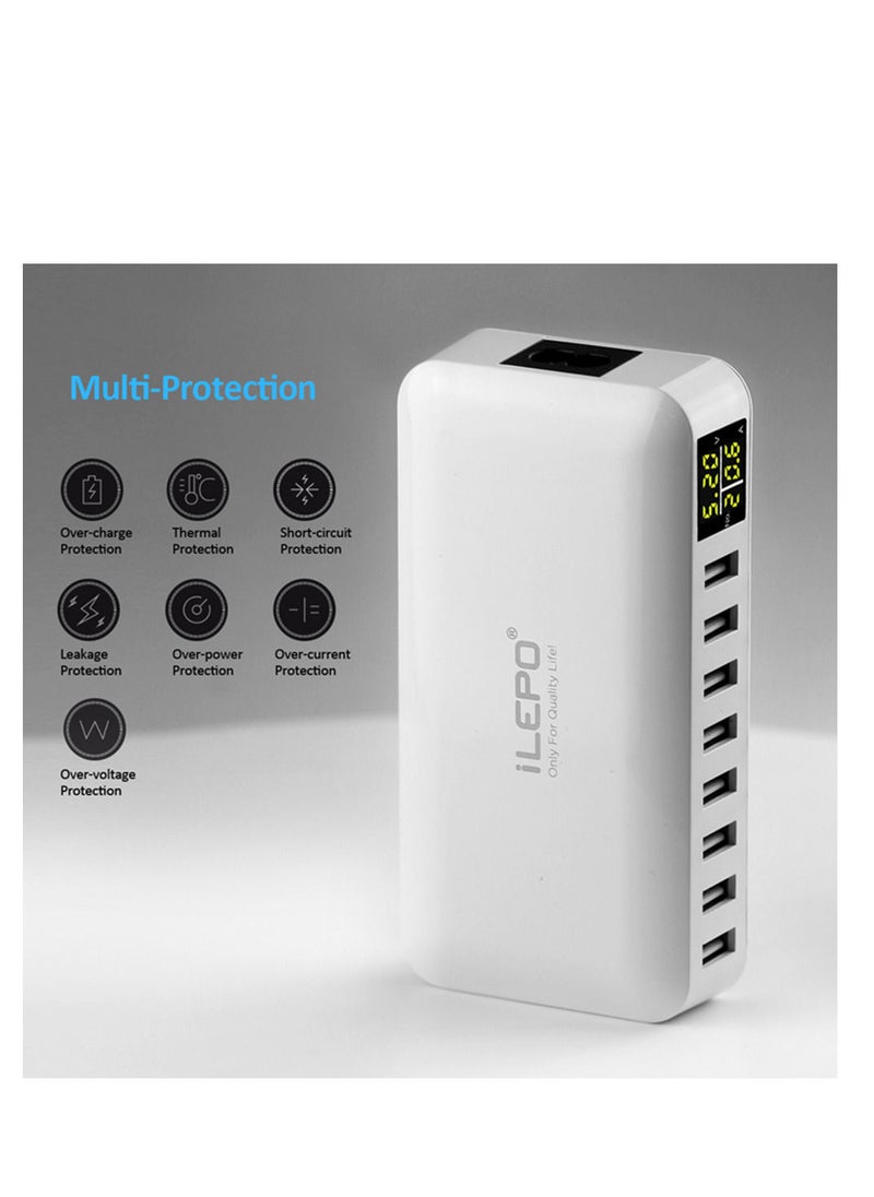 iLEPO - 8 Ports Smart USB Charger 40W 8A Multi Port USB Hub with LCD Display Fast Charging Wall Charger Power Adapter with 4ft Long Power Cord - Image 1