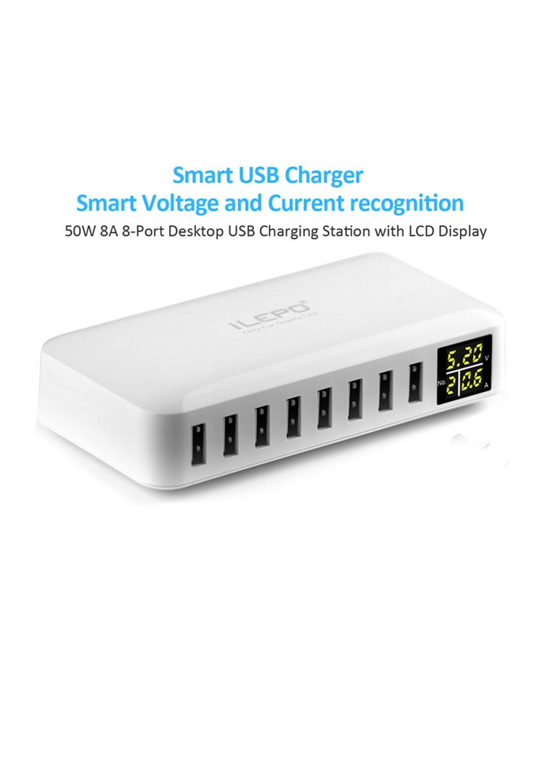 iLEPO - 8 Ports Smart USB Charger 40W 8A Multi Port USB Hub with LCD Display Fast Charging Wall Charger Power Adapter with 4ft Long Power Cord - Image 1