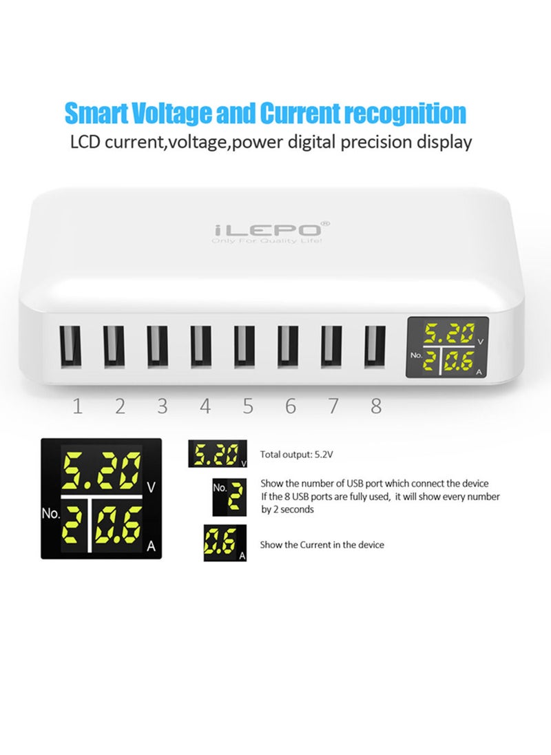iLEPO - 8 Ports Smart USB Charger 40W 8A Multi Port USB Hub with LCD Display Fast Charging Wall Charger Power Adapter with 4ft Long Power Cord - Image 1