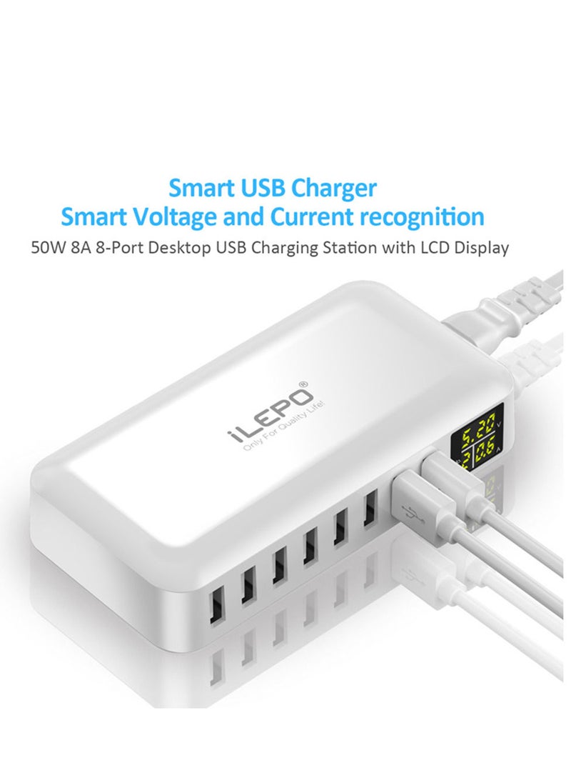 iLEPO - 8 Ports Smart USB Charger 40W 8A Multi Port USB Hub with LCD Display Fast Charging Wall Charger Power Adapter with 4ft Long Power Cord - Image 1