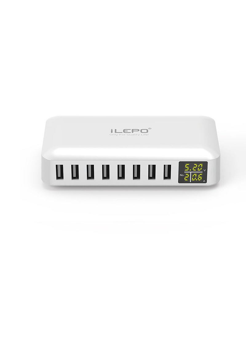 iLEPO - 8 Ports Smart USB Charger 40W 8A Multi Port USB Hub with LCD Display Fast Charging Wall Charger Power Adapter with 4ft Long Power Cord - Image 1