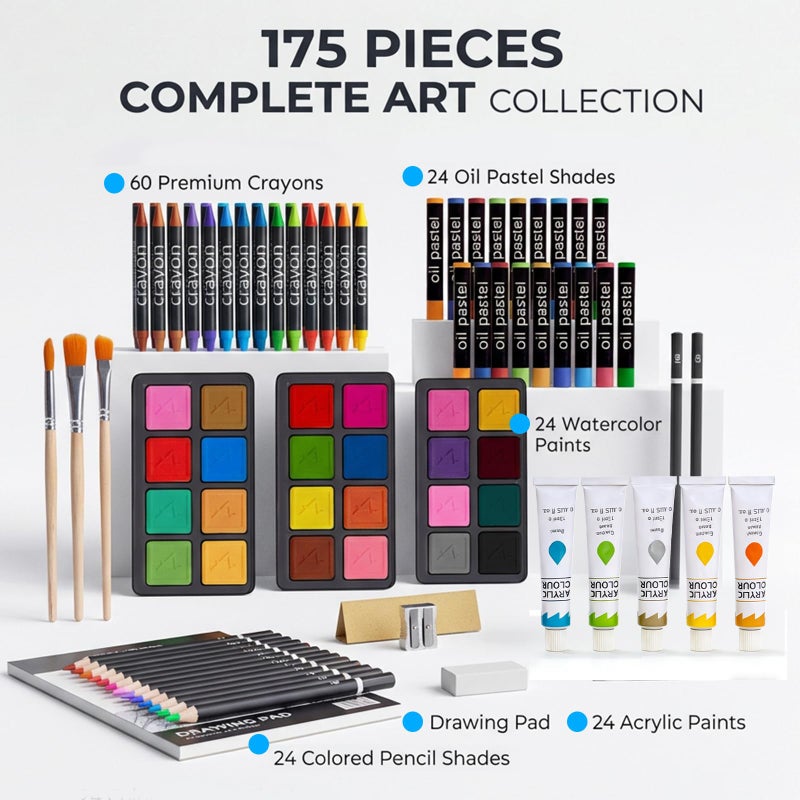 Color More Art Supplies, 175-Pack Deluxe Art Set Drawing Painting Kit with 2 Drawing Pads, Acrylic Paints, Colored Pencils, Crayons, Art Kit in Wooden Case, Gift for Artist, Adults, Teens and Kids - Image 2
