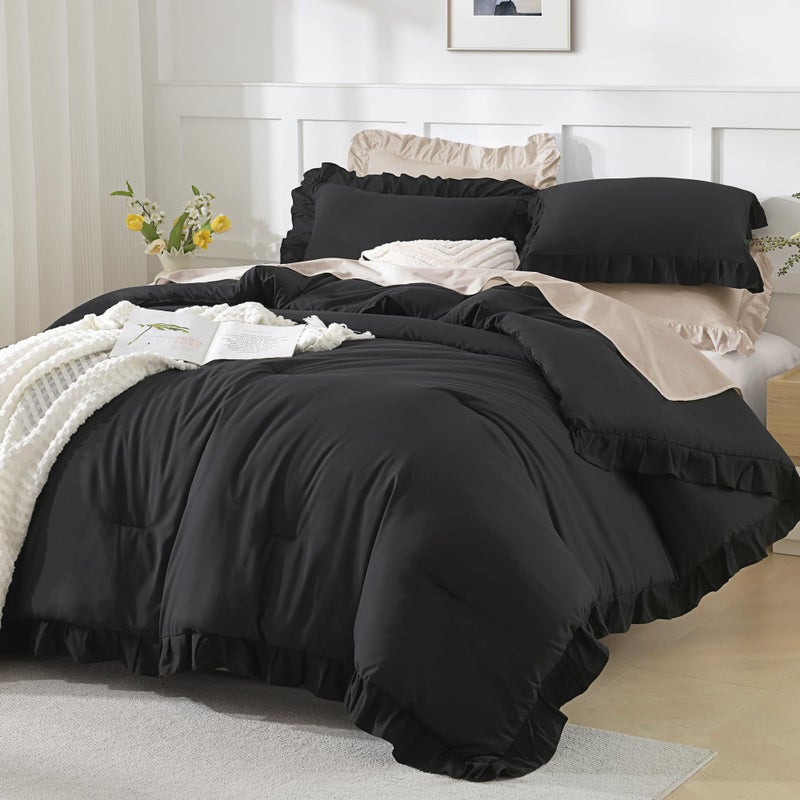 Andency Twin Size Comforter Set Black 2 Pieces Kids Bedding Comforter Set for Twin Bed Ruffle Farmhouse Shabby Chic Soft Microfiber Bed Set for Boys