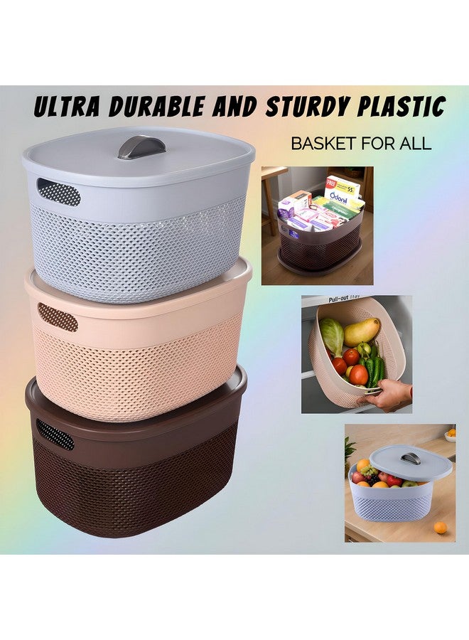 Kuber Industries Kuber Industries Unbreakable Small Multipurpose Storage Baskets with lid|Design-Netted|Material-Plastic|Shape-Oval|Color-Brown,Beige and Grey|Pack of 3  - Image 5