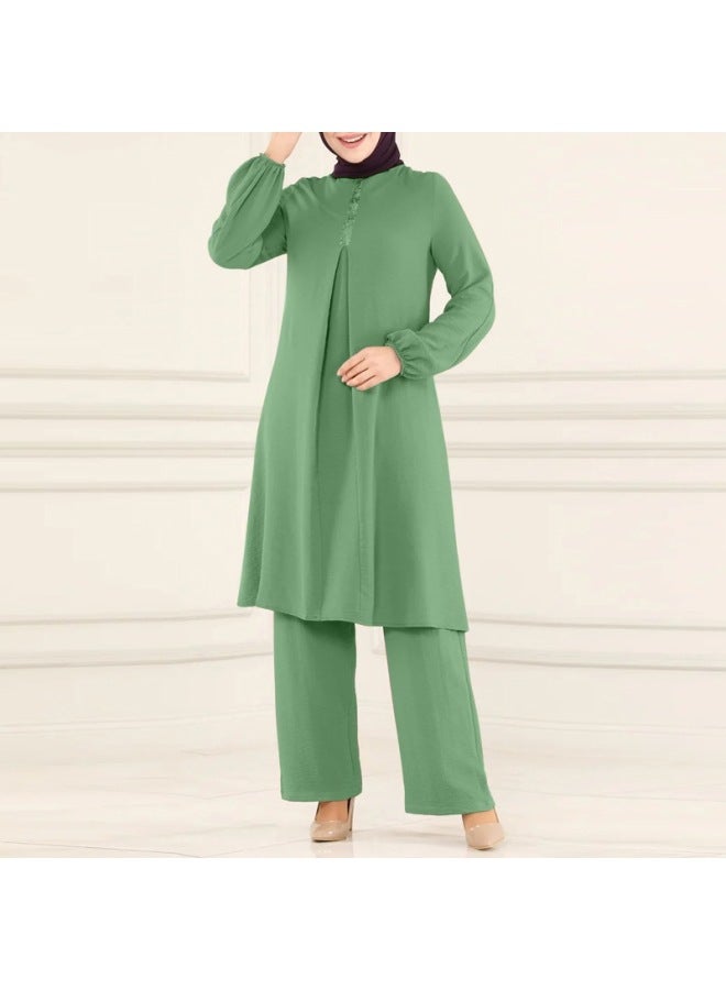 Muslim Women's Wear Spring And Autumn New Solid Color Round Neck Sequin Long Sleeve Shirt And Pants Fashion Casual Set - Image 1