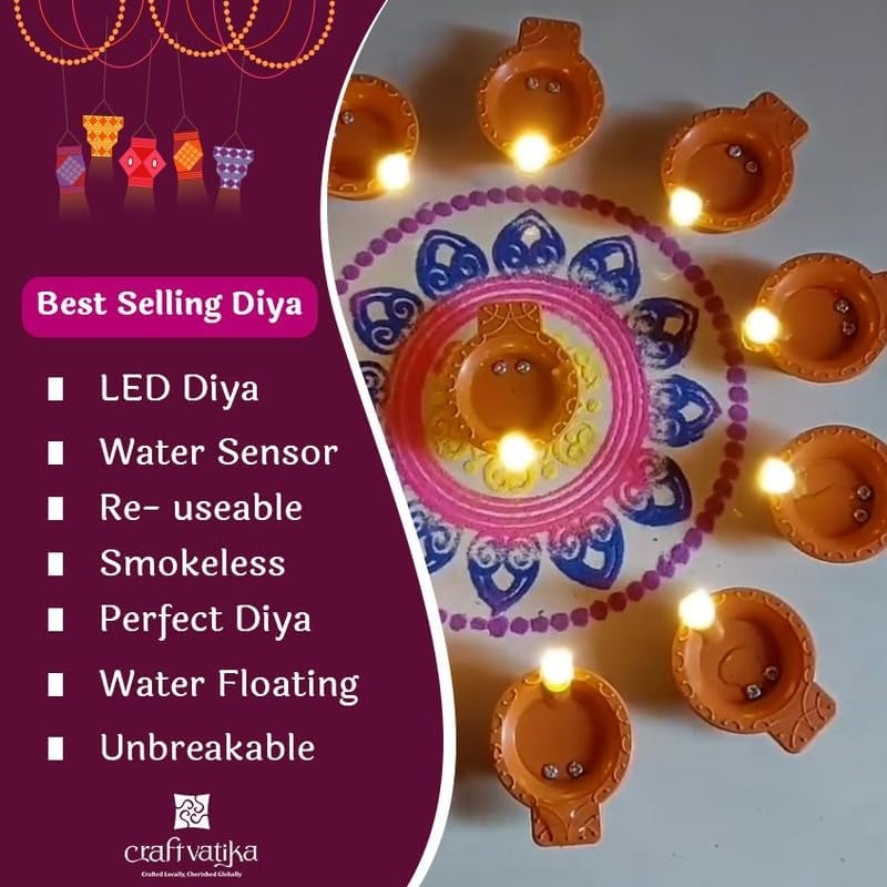 CraftVatika LED Floating Water Sensor Diyas Set of 24, Diwali Decor Items, Waterproof Decorative Lights for Diwali, Home, Office, Pooja, Rangoli, Reusable Floating Diya for Decoration (24 Pcs) - Image 4