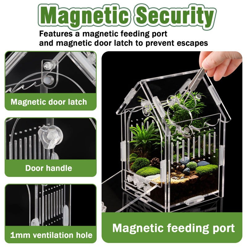 WEIKEJINA Jumping Spider Enclosure - Internal Dimensions 3.15"x3.15"x5.6" Acrylic Terrarium Kit for Tarantulas/Mantis/Reptiles with Magnetic Door, Ventilation & Easy Assembly - Image 4