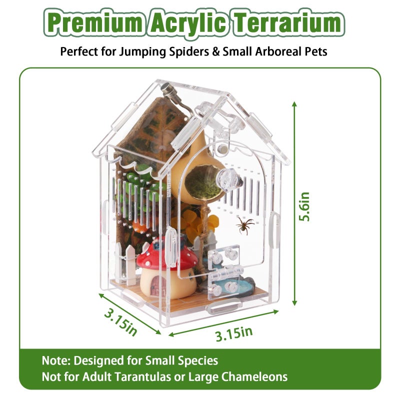 WEIKEJINA Jumping Spider Enclosure - Internal Dimensions 3.15"x3.15"x5.6" Acrylic Terrarium Kit for Tarantulas/Mantis/Reptiles with Magnetic Door, Ventilation & Easy Assembly - Image 2