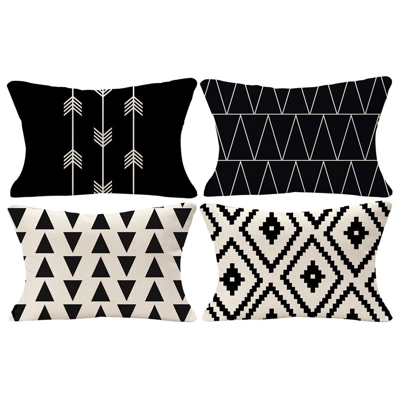 Tosewever Set of 4 Decorative Geometric 12 x 20 Inches Throw Pillow Covers  Modern Pattern Linen Rectangle Pillow Cushion Case for Sofa Couch Bed Home Outdoor Car 12 x 20 Black
