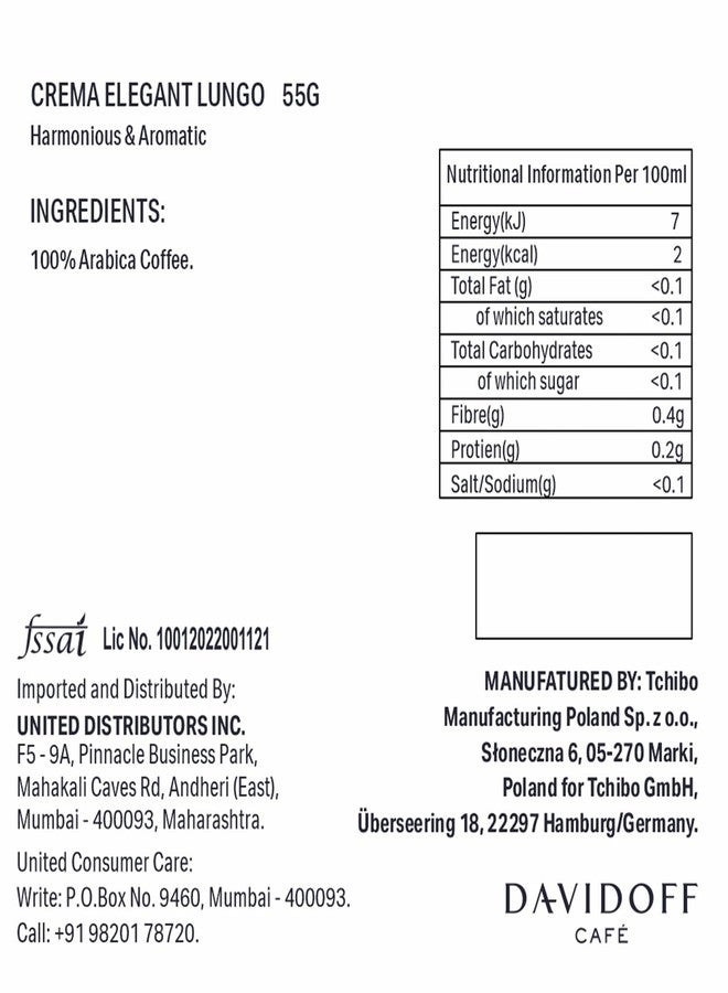 Davidoff Crema Elegant Lungo Harmonious & Aromatic Coffee 10 Capsules - 6/12 Intensity - 100% Arabica - 55G - Image 4