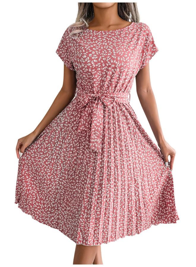 Tepveisoy Women's Summer Round Neck Casual Fashion Printed Pullover Dress Short-Sleeved Floral Pleated Skirt dress  - Image 1