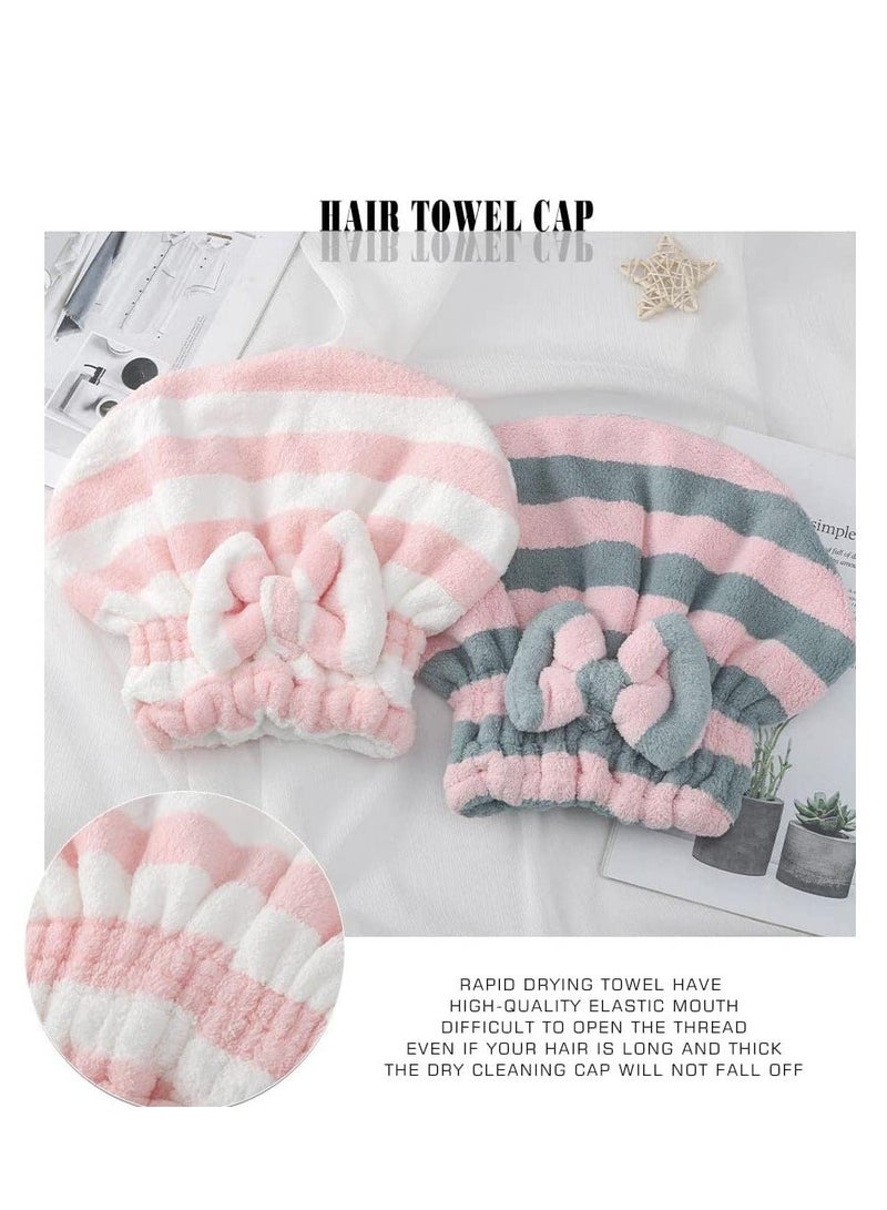 Microfiber Hair Dry Cap Absorbent Quick Drying Cap Soft Hair Drying Towel Stripe Dry Hair Cap Hair Towel Cap with Bow-Knot Shower Cap for Women and Girls 2Pcs (Pink Blue & Pink White) - Image 5