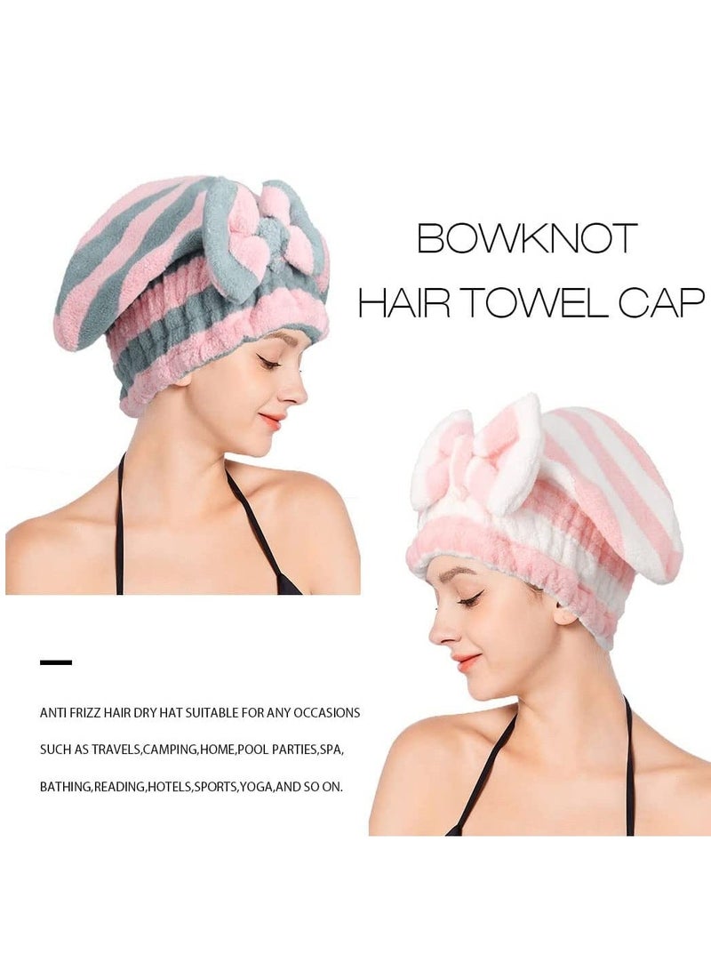 Microfiber Hair Dry Cap Absorbent Quick Drying Cap Soft Hair Drying Towel Stripe Dry Hair Cap Hair Towel Cap with Bow-Knot Shower Cap for Women and Girls 2Pcs (Pink Blue & Pink White) - Image 2