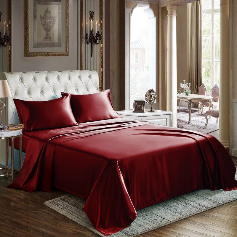 CozyLux Satin Sheets Queen Size  4 Piece Burgundy Bed Sheet Set with Silky Microfiber 1 Deep Pocket Fitted Sheet 1 Flat Sheet and 2 Pillowcases  Smooth and Soft