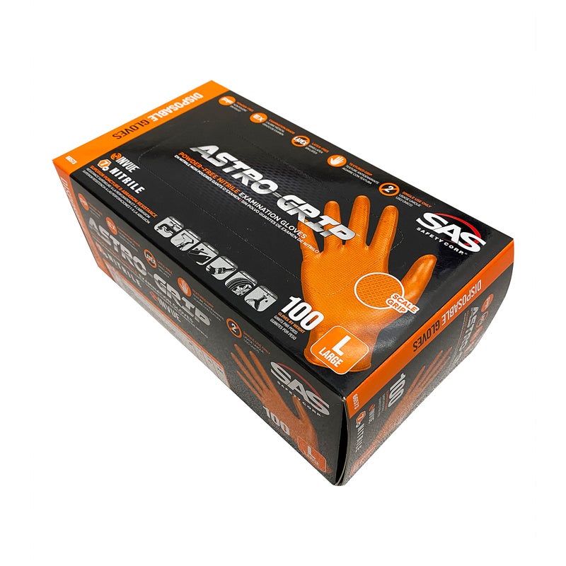 SAS Safety 66573 Astro Grip PowderFree Nitrile Disposable Glove Large Pack of 100 Orange